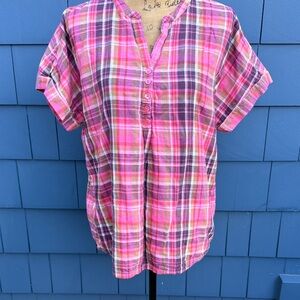 Soft Surroundings Multicolor Plaid Top pink purple green medium cotton